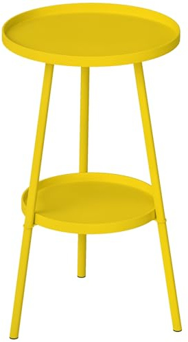 Outsunny Round Garden Table, 2-Tier Small Side Table, Metal Patio Table Coffee Table Dining Table for Porch Terrace Balcony, Yellow