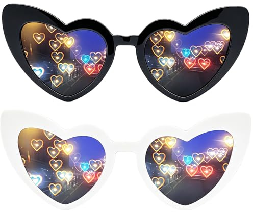 PEZPEOR 2 Stück Diffractions Party Brille Herz mit 3D Prisma Herz Lustige Brillen Brechungsbrillen Herz Brille Effekt, Rave Brille Damen für Nacht EDM Feuerwerk Show Karneval Party Club Schwarz Weiß
