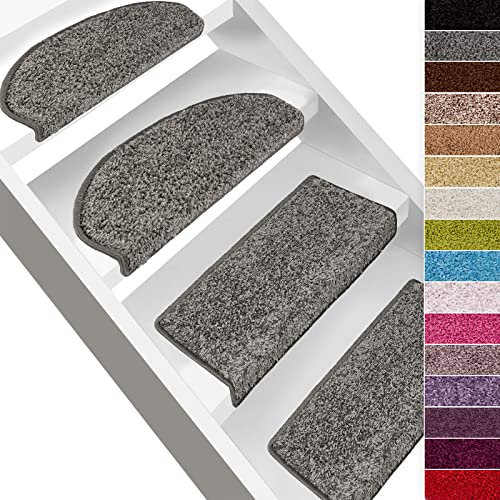 casa pura Shaggy Stufenmatten Barcelona 15 Stück Set, weicher Hochflor Treppen-Teppich, Treppenstufen Matten, selbstklebend | halbrund | 65 x 23,5cm | Grau