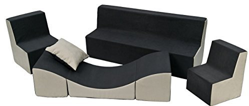 Velinda Kindersitzgruppe: 2xKinderstuhl+Sitzbank+Liegestuhl Kinderzimmermöbel Spiel-Set (Farbe: grau-beige)