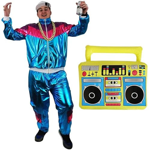 80er / 90er Trilobalanzug Asi Kostüm mit Ghettoblaster - Blau glänzende Jacke mit Reißverschluss + passende Hose mit Taschen Trainingsanzug + Aufblasbare 80er Jahre Boombox (XX-Gross)