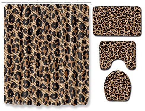 BOYOUTH 4Pcs Leopard Pattern Digital Print Shower Curtains Sets with Bath Mat,Contour Rug,Toilet Lid Cover for Bathroom Decor