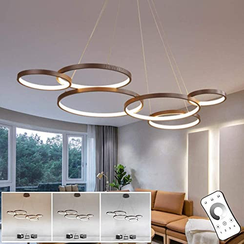LED Pendelleuchte Moderne Wohnzimmerlampe Dimmbar Mit Fernbedienung Ringe Hängeleuchte Höhenverstellbar Esszimmer Schlafzimmer Büro Kronleuchter Braun