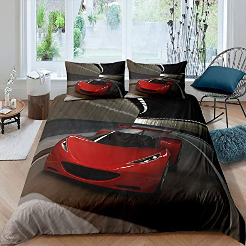 Loussiesd Rotes Auto Betten Set Kinder Extremsport Sportwagen Bettwäsche Set 155x220cm für Jungen Mann Cool Speed Rennwagen Bettbezug Set Weich mit 1 Kissenbezug 2St