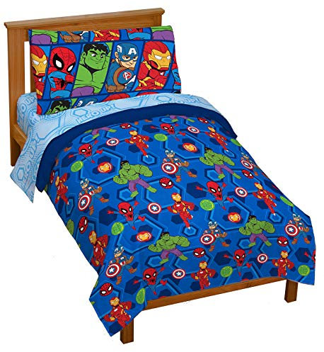 Marvel Super Hero Adventures Hero Together 4 Piece Toddler Bed Set – Super Soft Microfiber Bed Set Includes Toddler Size Comforter & Sheet Set Bedding Features The Avengers (Official Marvel Product)