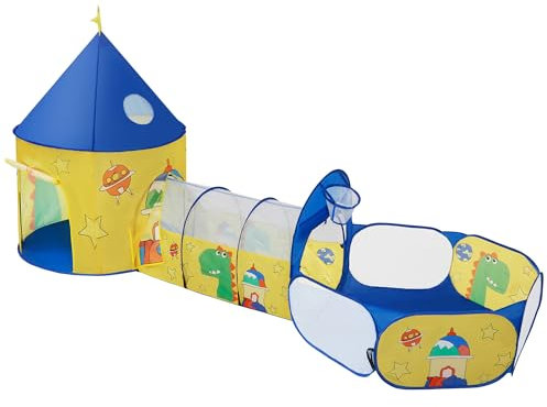 SONGMICS Parque Infantil 3 en 1, Parque Infantil emergente con Tienda, túnel, Piscina de Bolas, Tema Dinosaurio Espacio, Idea de Regalo, Amarillo y Azul LPT702Y01