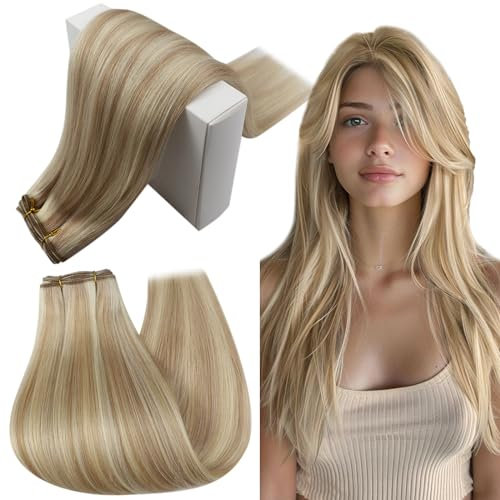 RUNATURE Weft Hair Extensions Real Human Hair Blonde Highlight Ash Blonde Sew in Hair Extensions Full Head Straight Remy Invisible Double Weft Weave 12 Inch 70 Gram #18AP60