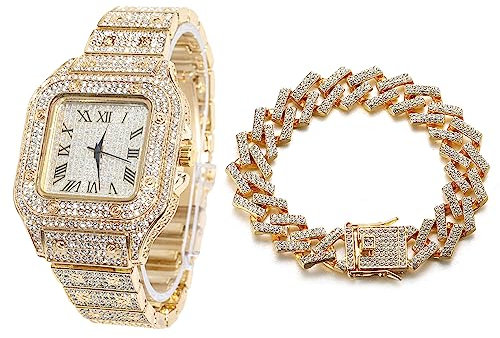 Halukakah Quadratisch Zifferblatt Diamant Golduhr Iced Out, Männer 18k Echtgold Plattiert Quarz Armband 24cm, mit Kubanische-Kette Armband 20cm, mit Geschenkbox