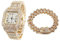 Halukakah Quadratisch Zifferblatt Diamant Golduhr Iced Out, Männer 18k Echtgold Plattiert Quarz Armband 24cm, mit Kubanische-Kette Armband 20cm, mit Geschenkbox