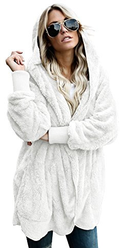 HVEPUO Teddyfleece Jacke Damen Ladies Hooded Teddy Coat Frühling Teddyplüsch Cardigan Mit Kapuze Weiß L