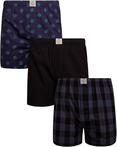 Lucky Brand Men's Underwear - 100% Cotton Woven Boxers with Functional Fly (3 Pack), Size Medium, Blue/Plaid/Navy