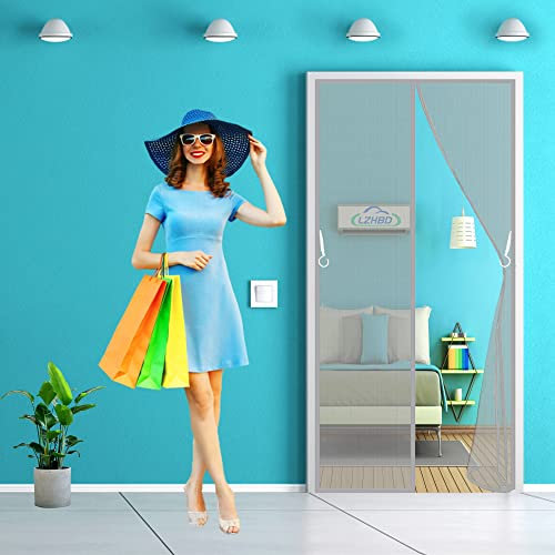 LZHBD Insektenschutz Tür Vorhang Polyester Lamellenvorhang - 210x220 cm - mit Heavy Duty Mesh & Full Frame Klettverschluss Klemmleiste Fliegenvorhang - Grau
