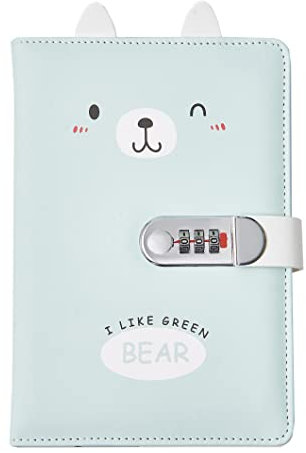 Auvier Creative Diary with Lock (Cartoon Animal 3D Ear), A5 Secret Password Notepad Journal Travel Organiser Combination Lock, Writing Notebook for Kids Boys Girls Teens Women Men, Green