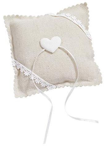 ZauberDeko Ringkissen Hochzeit Herz Weiß Leinen Natur Spitze Trauringe Kissen 14 x 14 cm