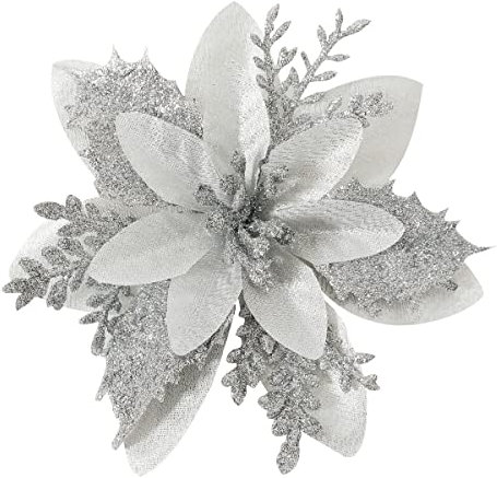 Veryhome 24pcs Poinsettia Christmas Decorations Artificial Poinsettia Flowers Heads Red Glitter Ornaments for Christmas Tree Decorations (Silver)