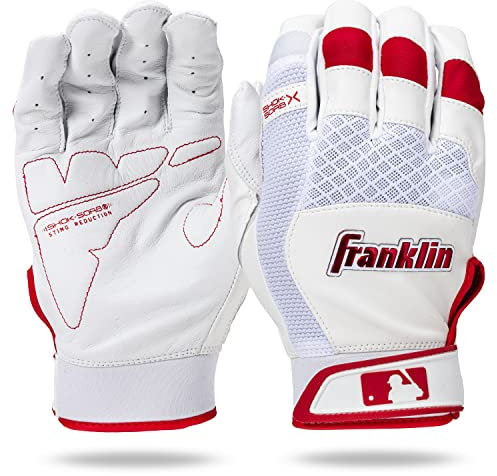 Franklin Sports MLB Baseball Batting Gloves - Shok-Sorb X Batting Gloves for Baseball + Softball, Padded, Adult and Teens Who Don't Itch, White + Red, Chrome, for
