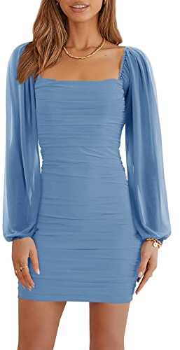 Wenrine Damen Kleider Party Cocktail Club Bodycon Kleid Hochzeitsgast Mesh Langarm Square Neck Minikleid Slim Fit