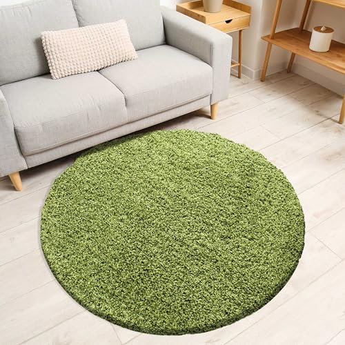 Miovani Hochflor Teppich Rund 120 cm Grün - Besonders weicher Shaggy Teppich in vielen Farben & Größen für Dein gemütliches Zuhause - Teppich Wohnzimmer & Schlafzimmer