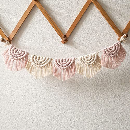 EXQUILEG Makramee Wandbehang Dekoration, 5 Flaggen mit kurzem Quasten, Baumwolle Handgefertiges Textil Fransengirlande Banner für Ihr Zimmer Boho Wanddeko Wandteppich (Rosa)