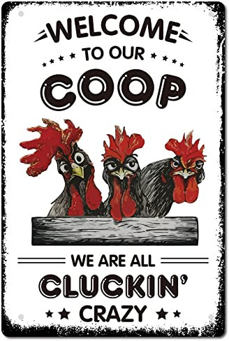 CREATCABIN Chicken Metal Tin Sign Welcome to Our Coop Funny Plate Plaques with Quotes Rooster Vintage Wall Hanging Art Decor for Farm Yard Farmhouse Home Living Room 12 x 8inch