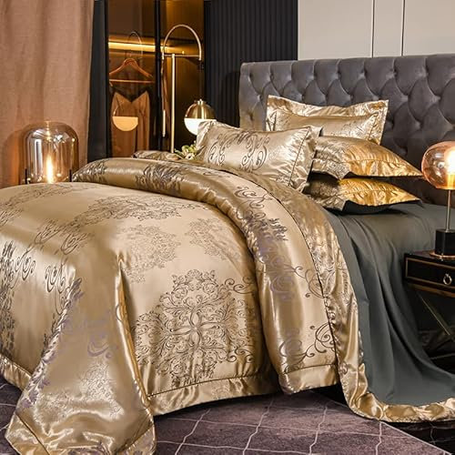 DXHOME Bettwäsche 220x240 Satin Gold Angenehme Jacquard Glatt Glänzend Bettdeckenbezug Kühlende Glitzer Blumen Muster Modern Bettwäsche Bettbezug mit Reißverschluss und 2 Kissenbezüge 80 x 80cm