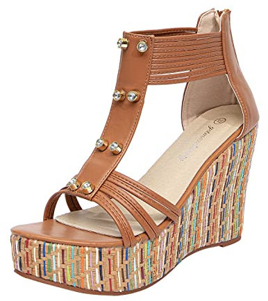 getmorebeauty Damen Keilsandalen mit Perlen über die Oberseite Plateau Sandalen High Heels, Niete, Khaki, 38.5 EU