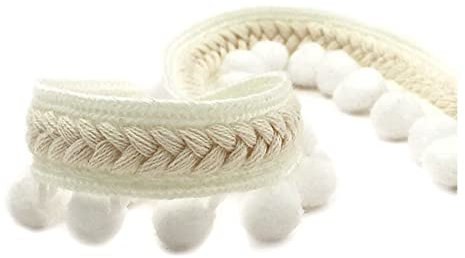 SHTGOI Pomponborte Bommelborte 5 Yards 12mm Pompon Borte zum Nähen Pom Poms Fransenborte Pompons Quaste Spitze Bommelband für DIY Basteln Kostüme Kleidung Vorhang Nähen Dekoration Weiss
