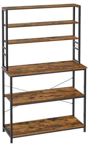 VASAGLE Estantería de Cocina, Estantería de Panadería, 6 Estantes y 6 Ganchos, para Microondas, Marco de Acero, Industrial, 40 x 100 x 167 cm, Marrón Rústico y Negro KKS039K01