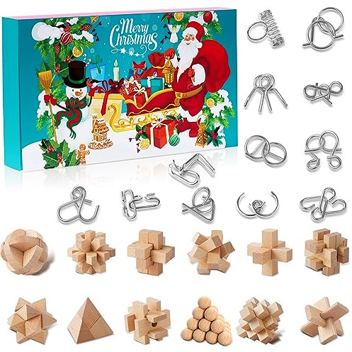 Knobelspiele Adventskalender 2024 Kinder & Erwachsene-24 Tage von Weihnachtskalender Geschenke mit Metall Knobelei und Holzk