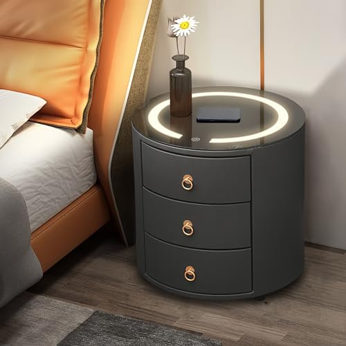 CLIPOP Rund Nachttisch mit Kabelloser Ladestation und LED Licht Beistelltisch Couchtisch Kunstleder Sofatisch mit 3 Schubladen und Gehärteter Glasplatte Grau