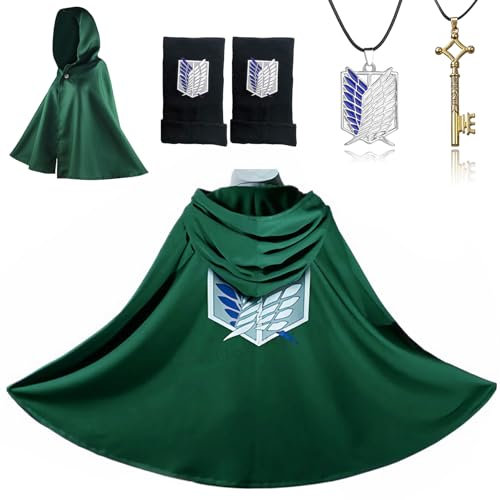 SHAWINKLE Cosplay Kostüm für Karneval,Unisex Umhang Grün für für Erwachsene und Kinder,mit 1 Paar Fäustling 2 Halsketten,Verkleidungs Geschenke für Manga-Fans