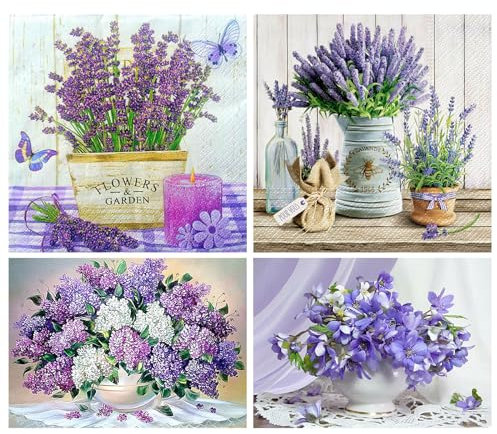 SHEGZHUC Lila Blumen 4er Set 30x30/40cm Diamant Painting Bilder Schmetterlinge Flieder Farbe Diamond Painting Orchideen Lila Diamond Painting Blumenstrauß in Vase Stickerei Landschaft