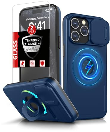 FRLMOOES for iPhone 15 Pro Case Magnetic,with Kickstand Ring + Camera Cover | Compatible with MagSafe Wireless Charging,with 2 Screen Protectors,Anti-Scratch Shockproof Heavy Duty Protection Phone,Blue