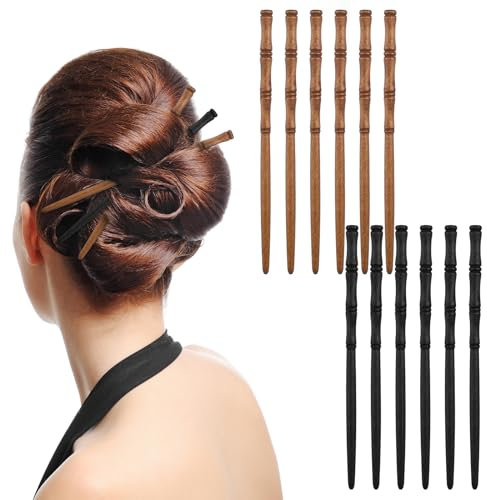 12Pcs Wooden Hair Chopsticks, Mabor Bamboo Shape Hairpins for Long Hair Vintage Brown and Black Elegant Sticks for Girls Women Styling Accessories