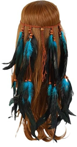 Frauen Bohemian Haarschmuck Feder Quasten Stirnband Haarband mit Federn, indianisch Hippie Boho Festival Party Feder Haarband Kopfschmuck Accessoires Karneval Kostüm, für (Blue, One Size)