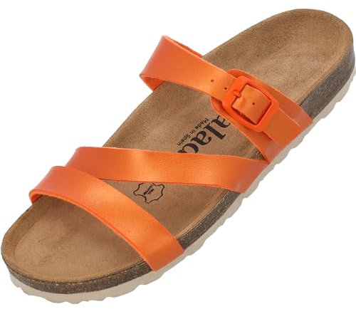 Palado Pantoletten Damen Ikaria – bequeme Sandalen Made in Spain - Hausschuhe mit dämpfendem Kork-Fußbett - modische Sommerschuhe Orange Metallic UK3,5 - EU36