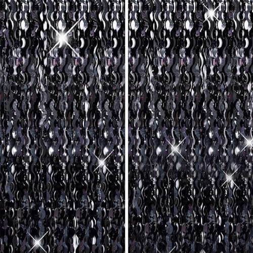 Black Foil Fringe Tinsel Backdrop Glitter,2P 3.2ft x 6.5ft Wavy Black Foil Curtain Decoration,Laser Foil Fringe Metallic Tinsel Door Hanging Flow Silk Streamers for Birthday Wedding Holiday Party