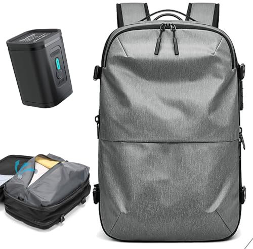 Quincry Vacpack Mochila expandible al vacío de 16 galones con sistema de compresión sellado para viajes, equipaje de mano Airback, Gris claro, con bomba de aire, L, Moda