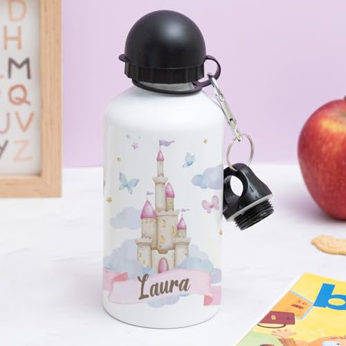 Transparent Gift Botella de Agua Infantil Personalizada con Nombre Hadas Niño y Niña para Colegio. Cantimplora Niños y Niñas. Regalo Original de Cumpleaños, Vuelta al Cole. Aluminio con Tapón y Pajita