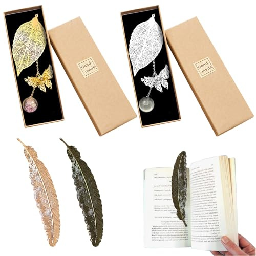 JSTHHTT 4 Stück Feder Lesezeichen Mit Getrocknete Blumen Anhänger, Für Buchliebhaber, Buchdekoration, Mit Geschenkbox