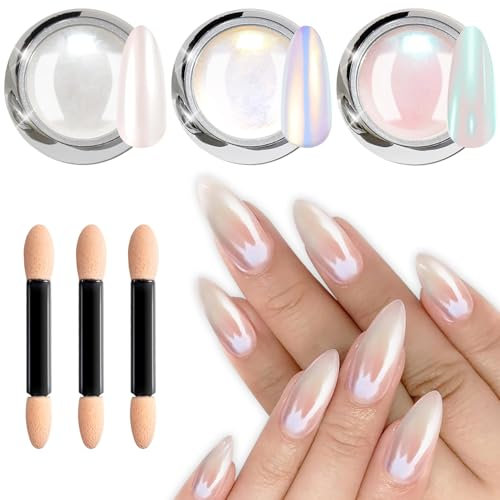 Pearl Chrome Nail Powder BISHENGYF - 3Pcs White Aurora Nail Chrome Powders Ice Transparent Chrome Powder for Nails Glitter, Glazed Donut Pearlescent Magic Mirror Effect Pigment Powder - Diy Nail Art