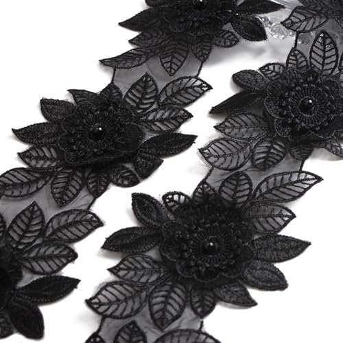 URROMA Schwarze Blumen-Spitzenbesatz, 2 Yards Organzaband, Stickerei, Spitzenborte Spitzenborte zum Aufnähen, Florale bestickte Applikation, Patch, 8,5 cm breit
