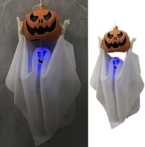 Cepewa Geist Kürbiskopf Halloween animiert | 32x90x15cm weiß schwarz orange PE Polyester | Licht Sound Bewegung Geräuschsensor