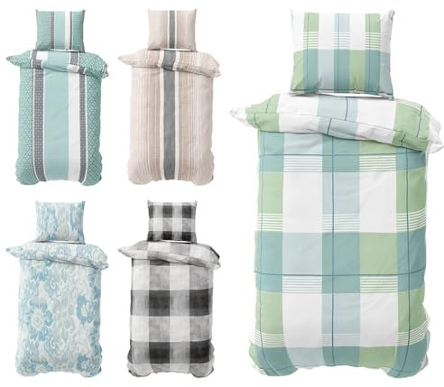 Visaggio Biber Bettwäsche 135x200 cm Feinbiber Winter Bettbezug Set Kissenbezug 80x80 cm mit verdecktem Reissverschluss gestreift Grün Petrol