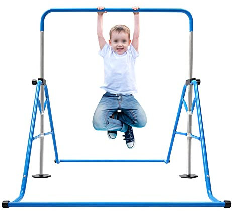 Barra fija de gimnasia para interior, para niños, altura ajustable, plegable, horizontal, para niños, familias, gimnasios, entrenamiento (azul)