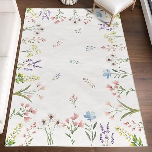 Artoid Mode Daisy Blumen Blätter Pflanzen Frühling Teppich, 120x170 cm Sommer Relax Kuscheliger Anti-Rutsch Unterseite Küche Wohnzimmer Dekoration