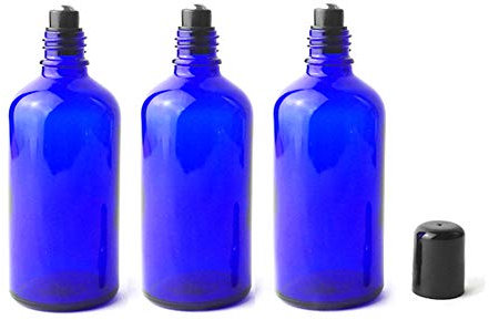 OHEETU 3PCS 100ml/ 3.4oz Roller Bottles Empty Refillable Blue Glass Roll-on Bottles with Stainless Steel Roller Balls and Black Cap for Essential Oil Lip Balms Attar Travel Container