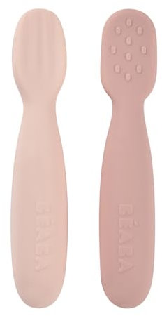 BÉABA,Lot de 2 cuilleres bebe 1er age, Pré-cuillères en Silicone, Couverts Bébé, Dès 4 Mois, Forme Ergonomique, Textures Différentes, Manche Ergonomique, Barbe à papa/Guimauve
