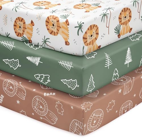 FIEMOL Baby Spannbettlaken 60x120 cm Babybett Spannbetttuch, 3er-Pack Mikrofaser Bettlaken Für babybetten, Ultrasanft & Seidigglatt Bettlaken Braun Grüner Löwe