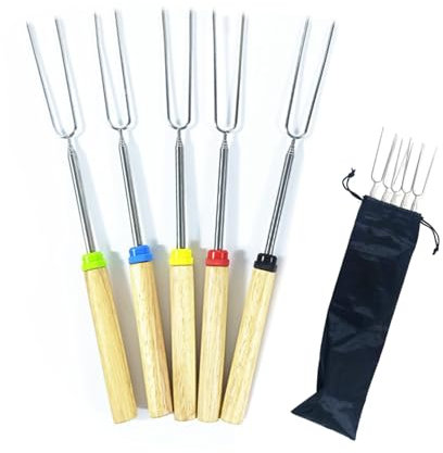 5 Stück Grillspieße Teleskop Marshmallow, Marshmallow Spieße, Stockbrot Stöcke Roasting Sticks, Lagerfeuer Spieße Edelstahl Ausziehbar Grillstab, Grillbesteck Set für Camping Grill, Barbecue